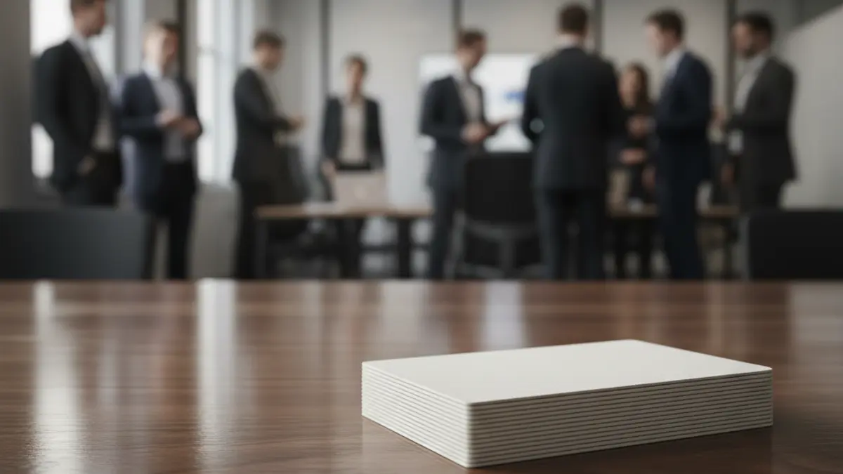 Generic image of business cards on a wooden table, symbolizing business culture and networking.