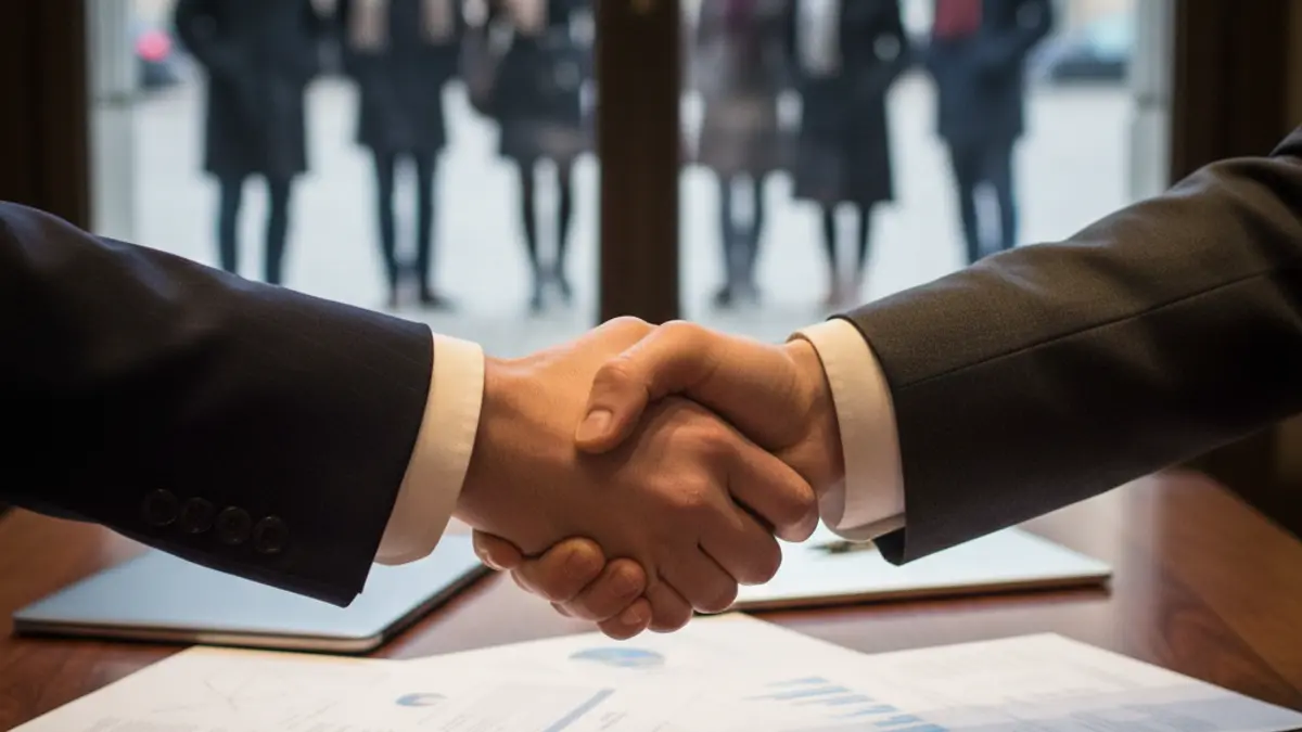 Imagen genérica de dos manos estrechándose en un entorno de oficina, simbolizando un acuerdo o colaboración empresarial.