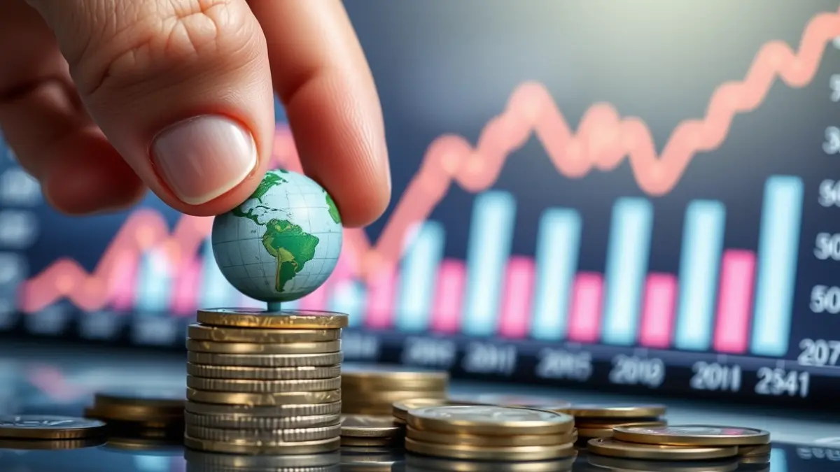 Imagen genérica de la economía global y sus riesgos, con una mano colocando un globo sobre monedas.