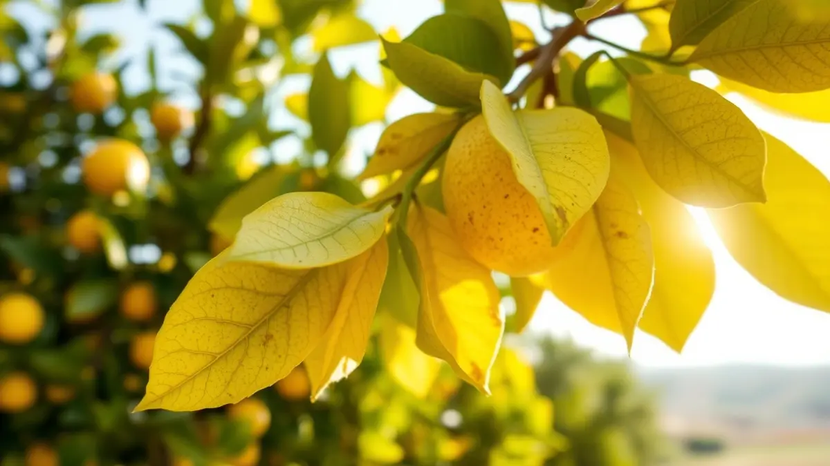 Image of a lemon tree branch with yellowed, deformed leaves due to chlorosis, in a citrus grove.