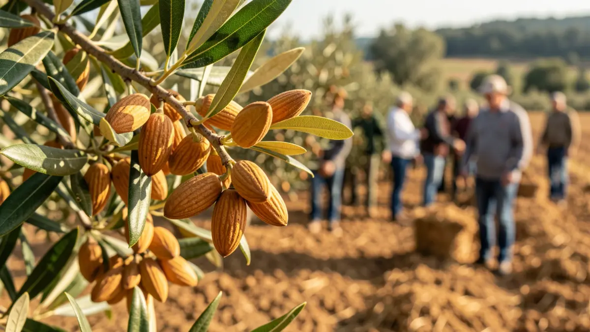 Imagen genérica de almendras en una rama durante la cosecha.