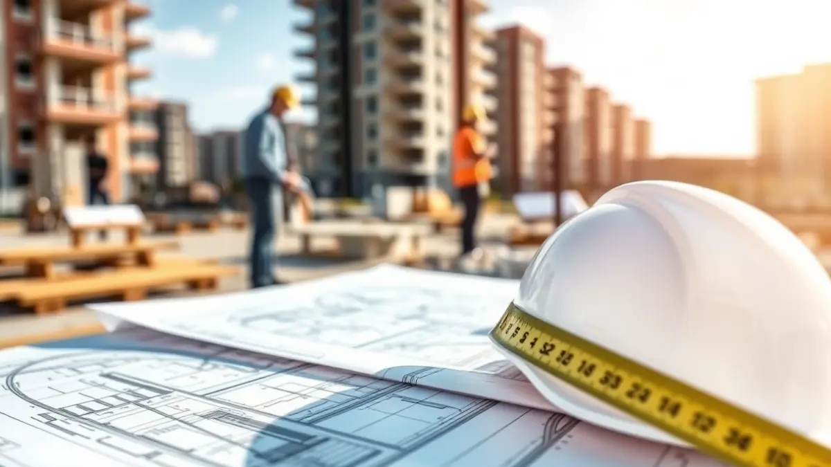 Imagen genérica de un plano de construcción con un casco de seguridad, simbolizando proyectos de vivienda.