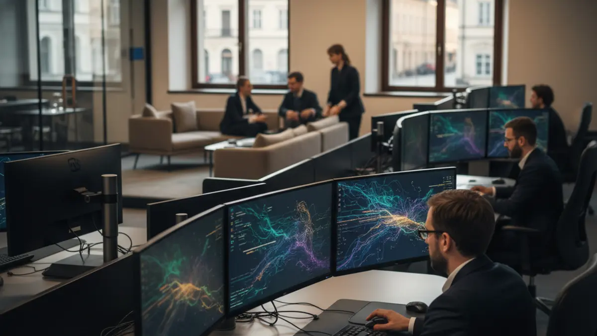 Generic image of a modern digital hub with computer screens and collaborative workspaces.