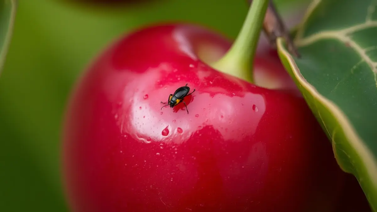Image of a cherry with an insect, representing the spotted-wing drosophila pest in a Valencian crop.
