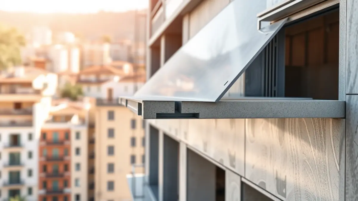 Imagen de un panel de fachada ligera siendo instalado en un edificio en construcción.