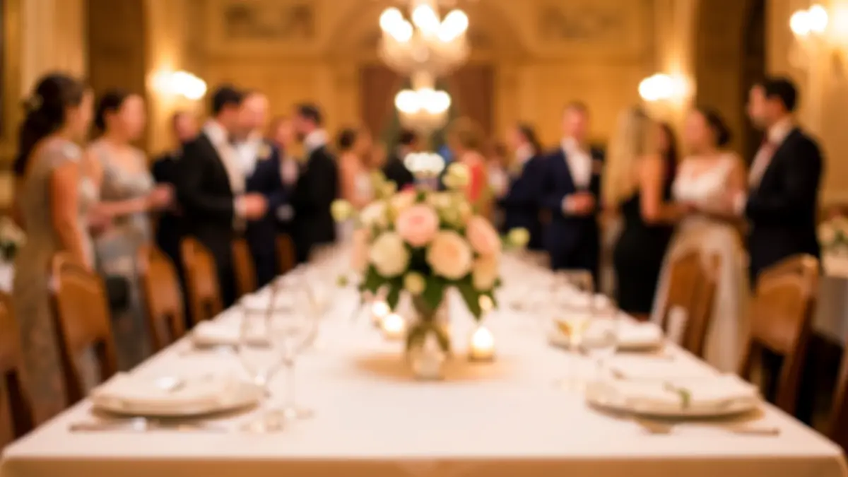 Imagen genérica de una mesa de celebración de boda con detalles desenfocados.