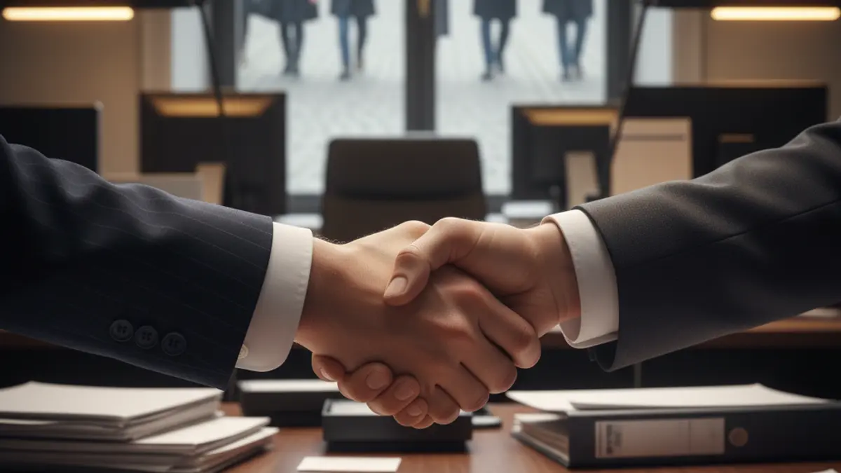 Generic image of two hands shaking over a desk, symbolizing a business agreement.