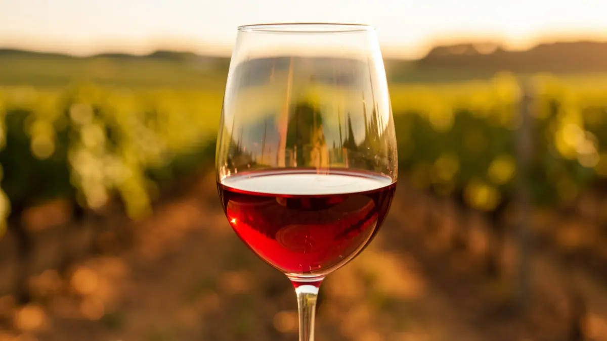 Imagen genérica de vino tinto en una copa con viñedos al fondo.