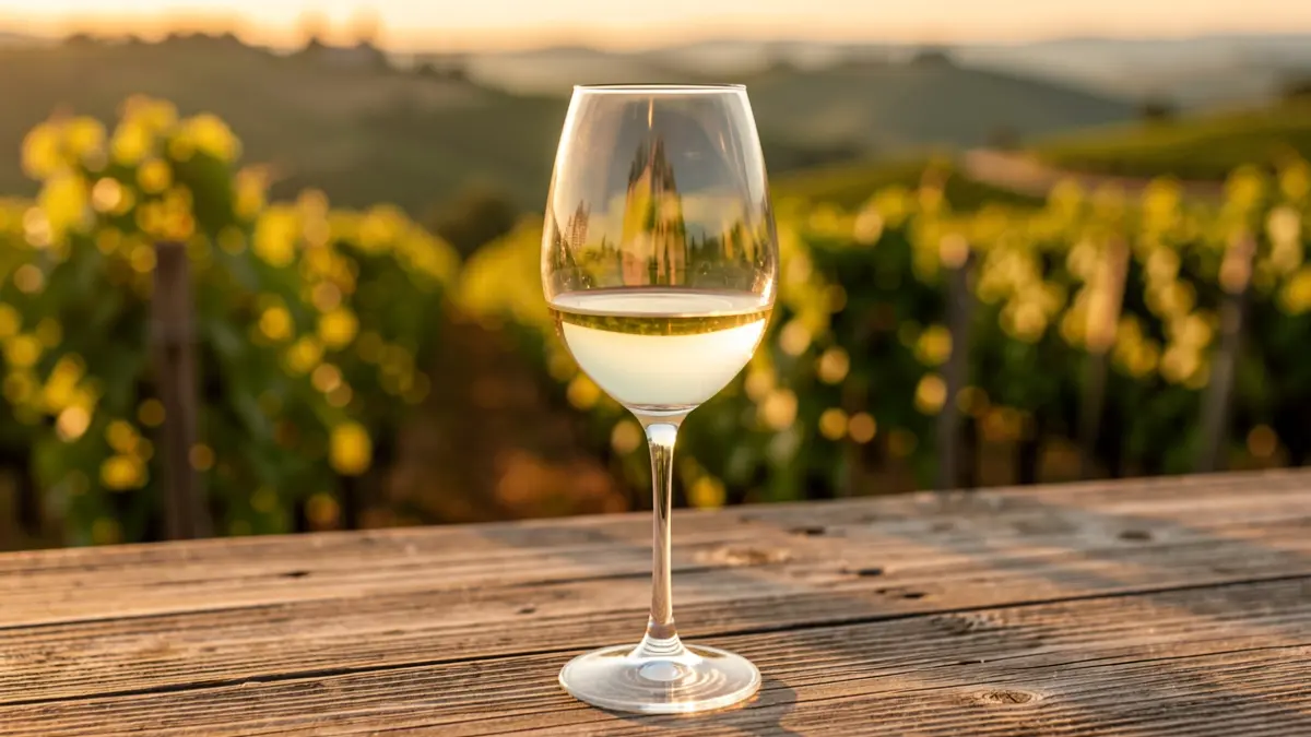 Imagen genérica de vino blanco en un entorno de viñedos.