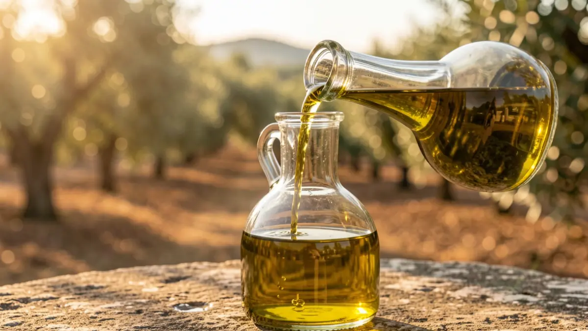 Imagen genérica de aceite de oliva virgen extra en un entorno rural.