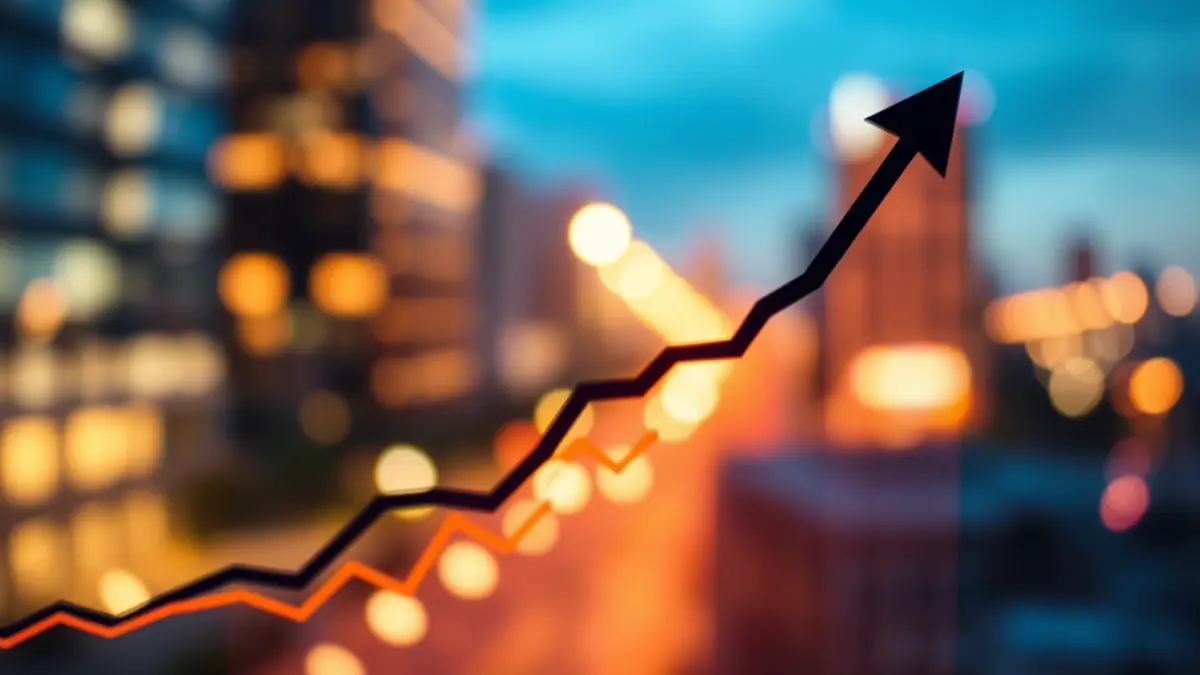 Imagen genérica de gráficos financieros ascendentes y luces de ciudad borrosas, simbolizando el crecimiento económico.