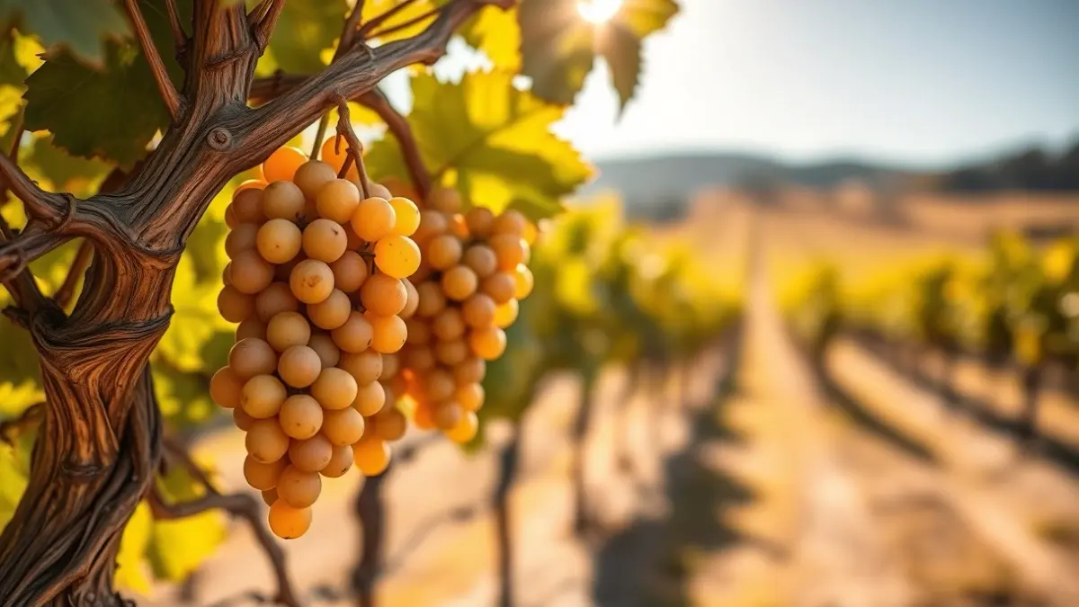 Image of an Andalusian vineyard under the sun, with ripe grapes in the foreground.