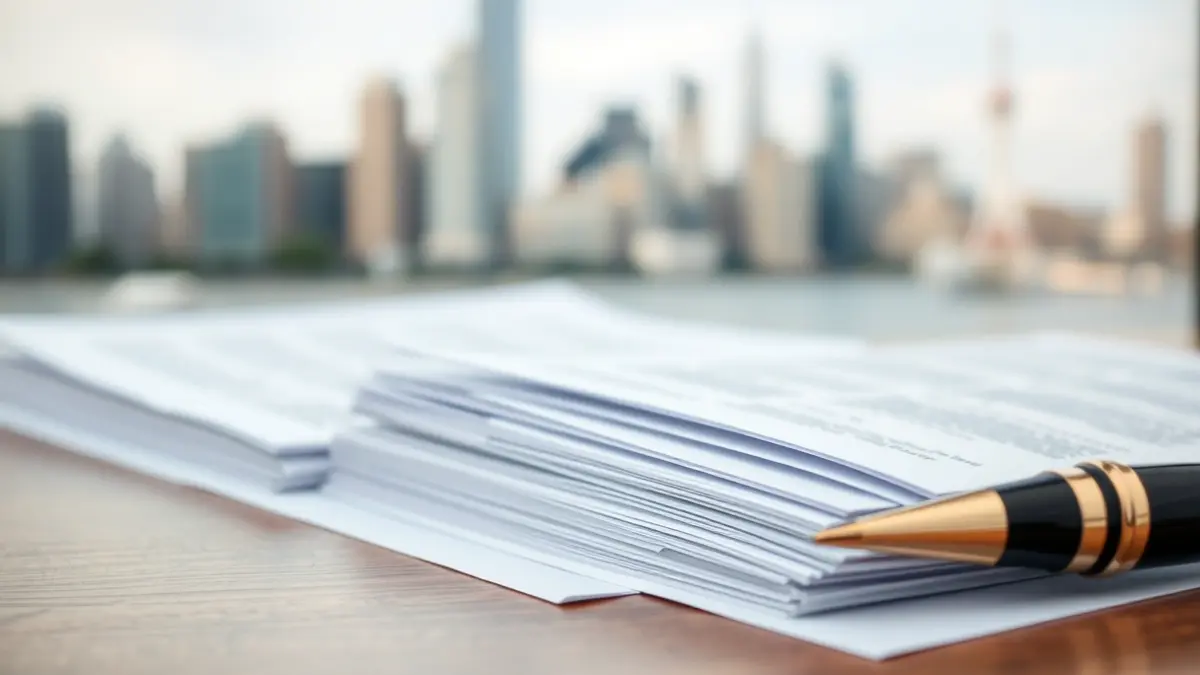 Generic image of legal documents on a desk, with a blurred urban background.
