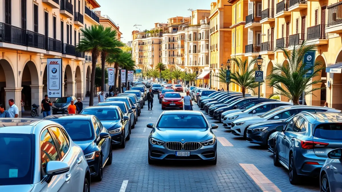 Imagen de una feria del motor en una calle de ciudad, con coches expuestos y gente paseando, en un ambiente mediterráneo.