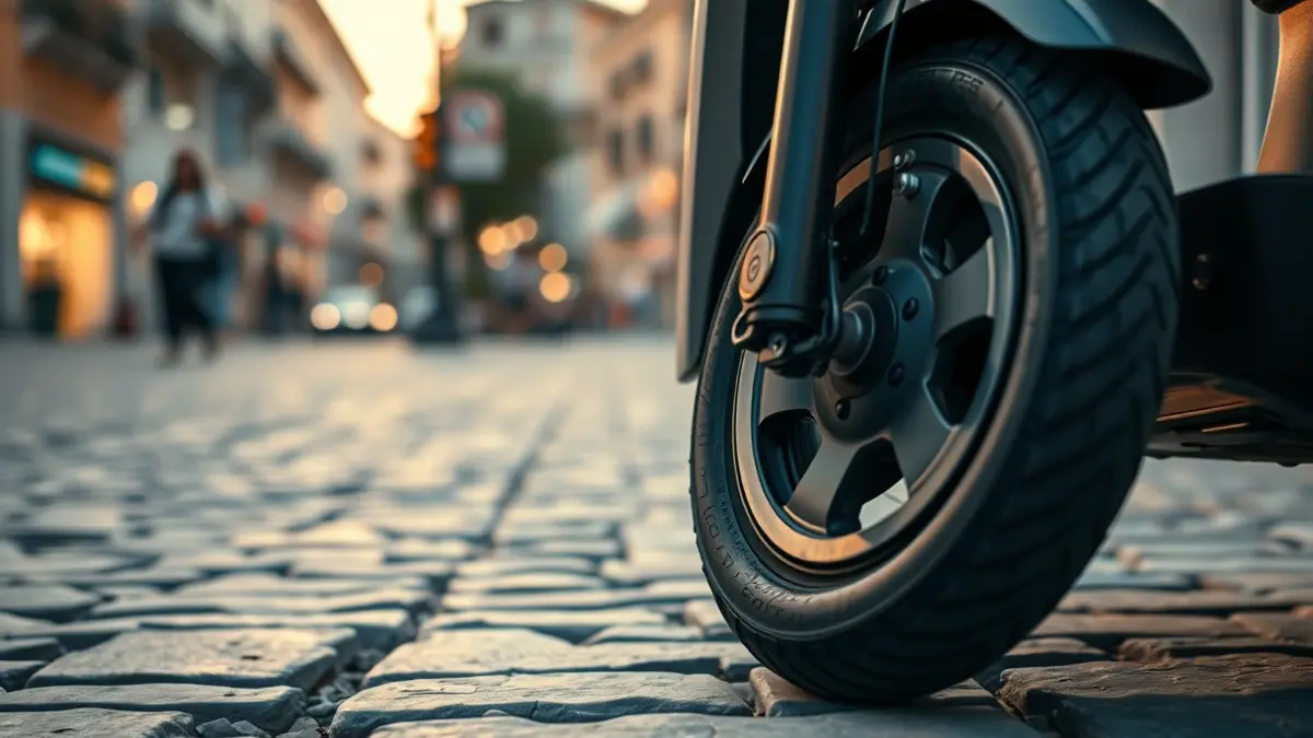 Generic image of an electric scooter wheel on a cobblestone street, with evening light.