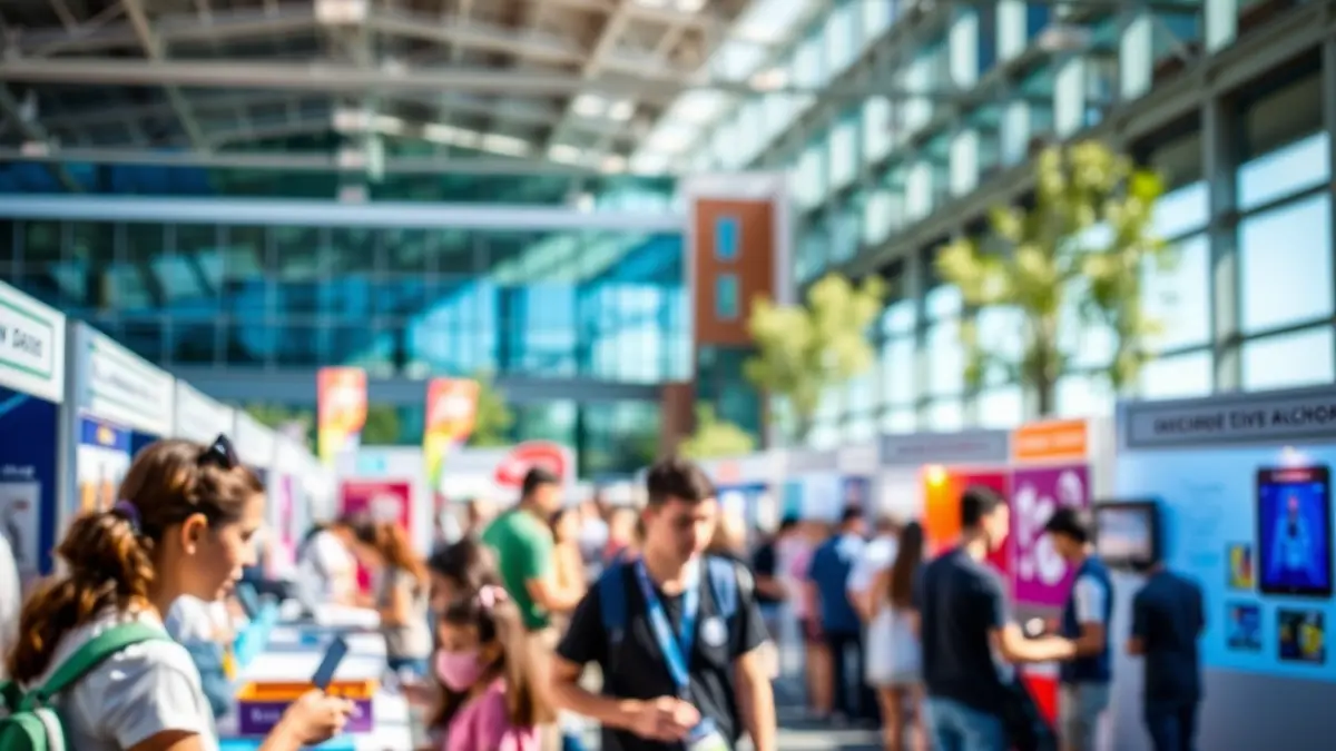 Imagen de una feria de ciencia con stands interactivos y actividades prácticas.