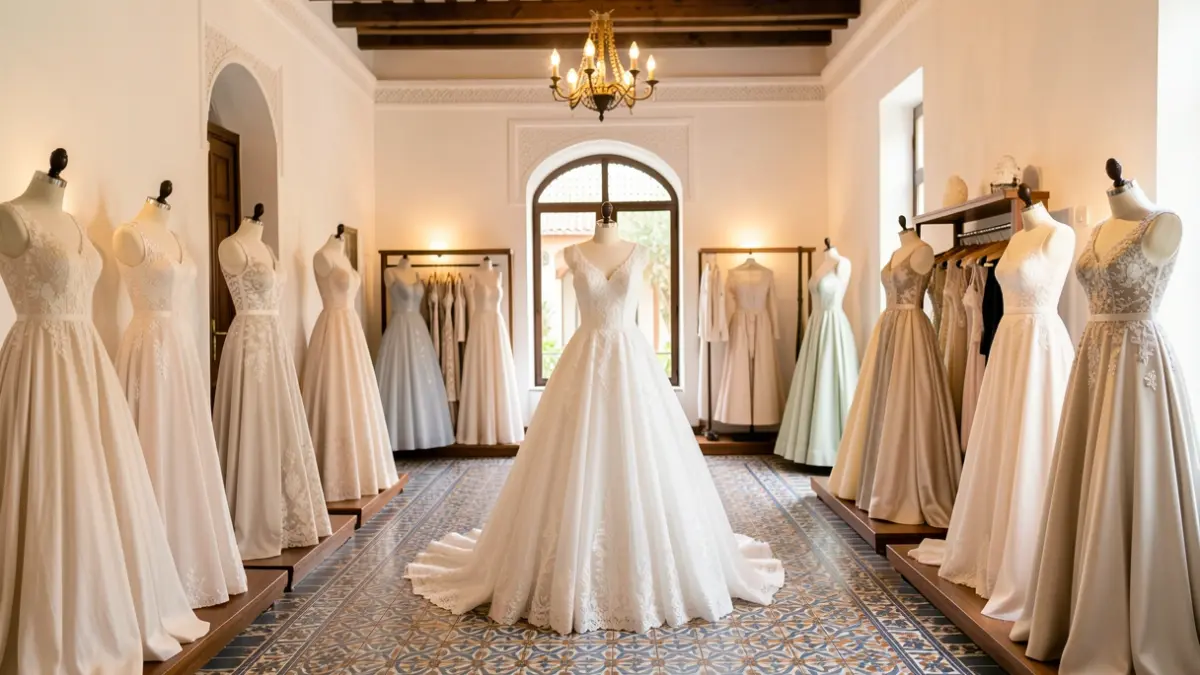 Interior de una boutique de moda nupcial en Andalucía con vestidos expuestos.