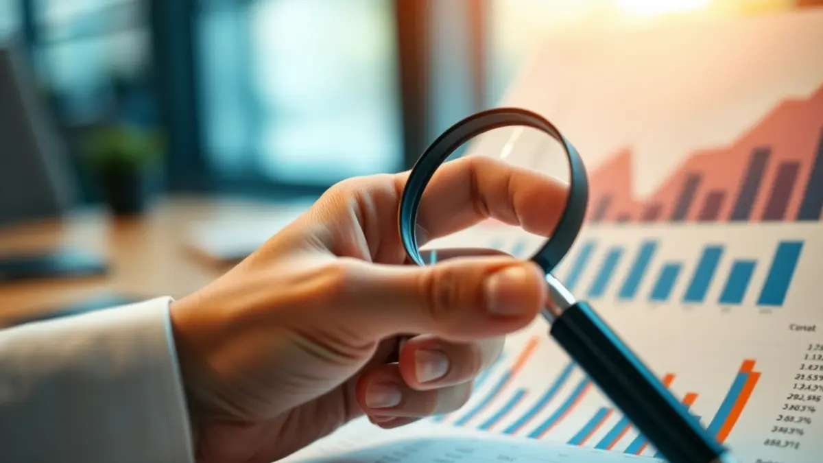 Generic image of a hand with a magnifying glass over a financial report, representing economic analysis.