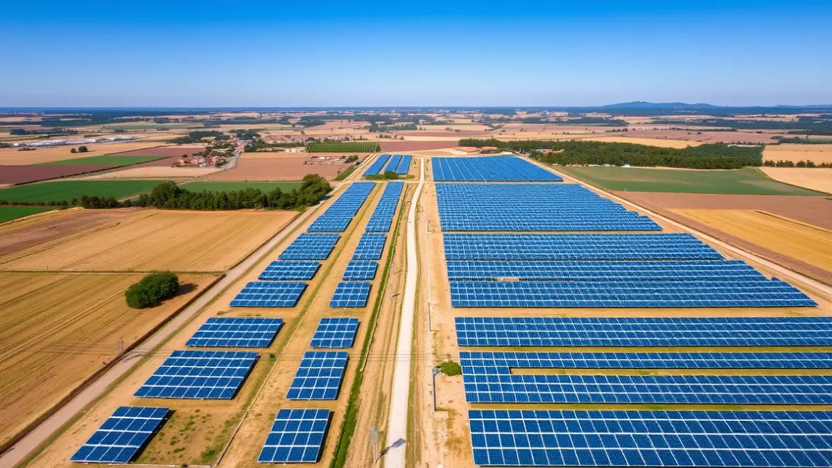 Generic image of a solar power plant with photovoltaic panels in a rural Valencian landscape.