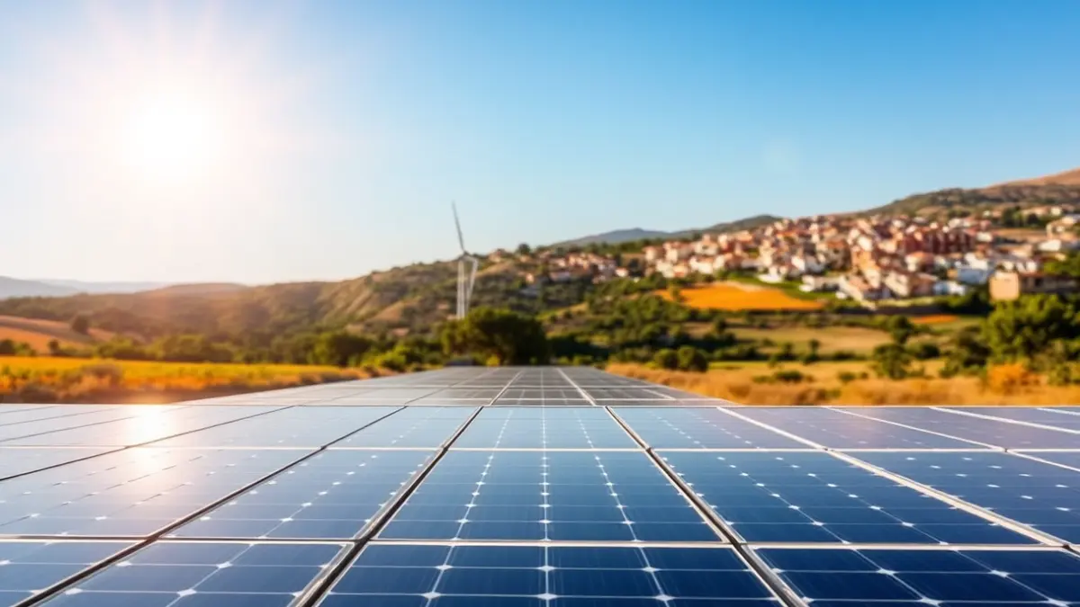 Generic image of solar panels in a rural Valencian landscape, with a town in the background.