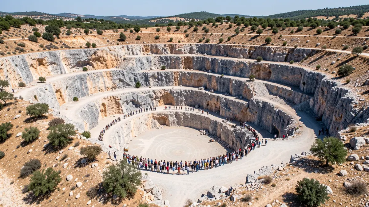 Aerial view of a stone quarry in a Mediterranean landscape.