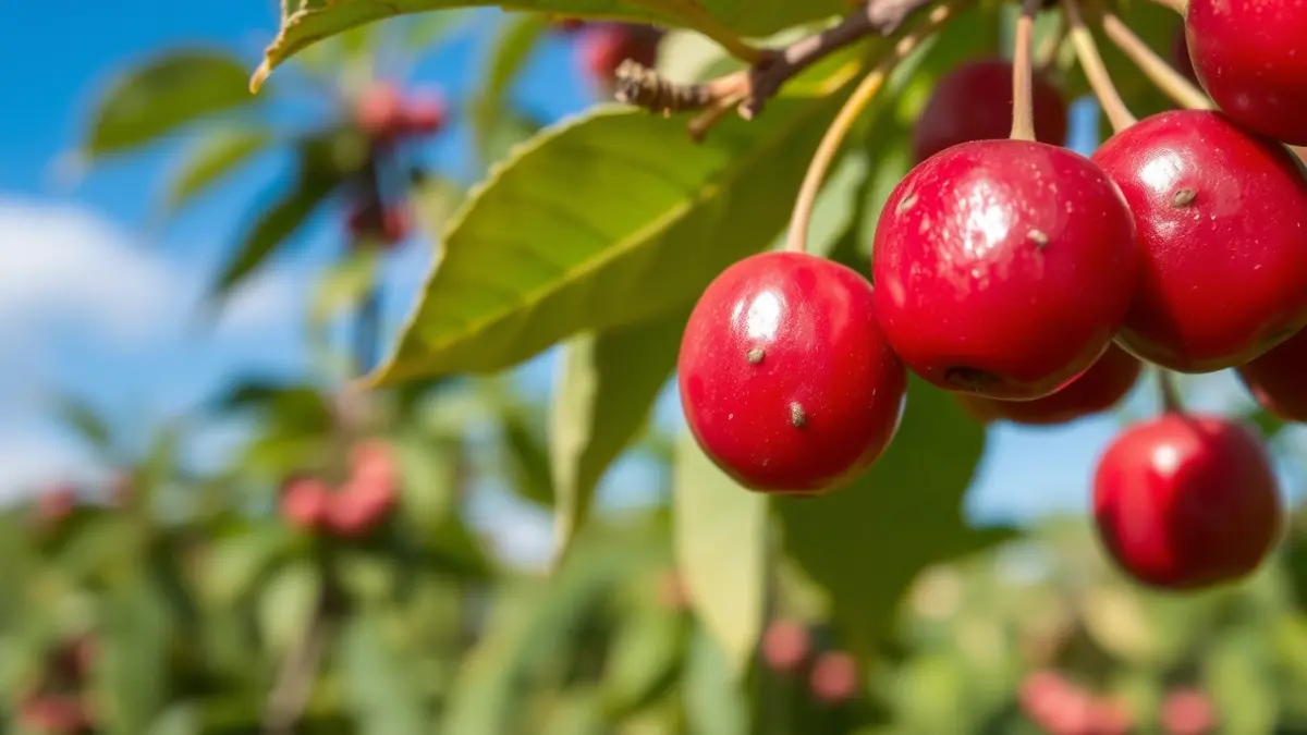 Image of red cherries on a branch, some with bite marks, in a cultivated field.