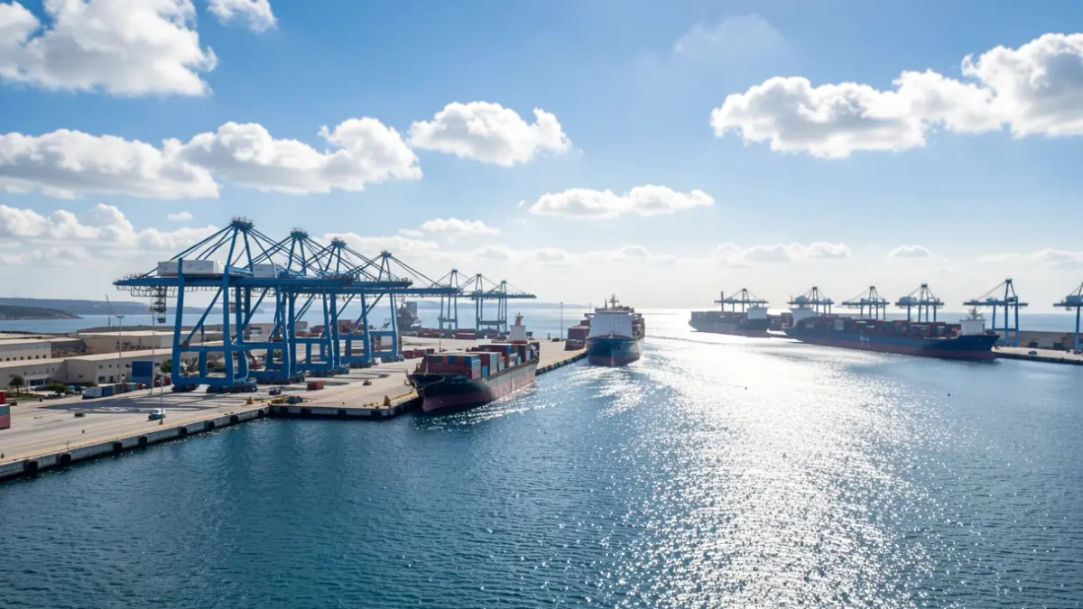 Generic image of a commercial port with ships and cranes.