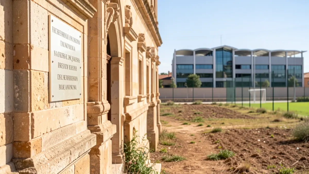 Imagen genérica de un edificio histórico en Valencia con una placa conmemorativa y una finca rústica cercana a un complejo deportivo.