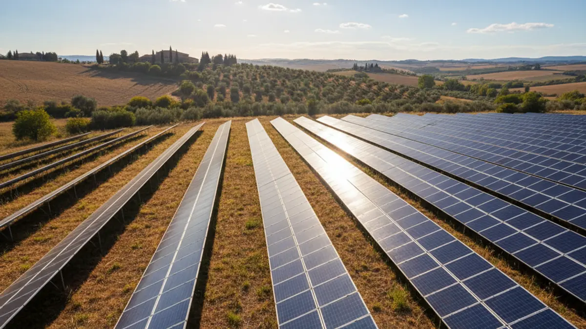 Generic image of solar panels in a field, with the sun shining.