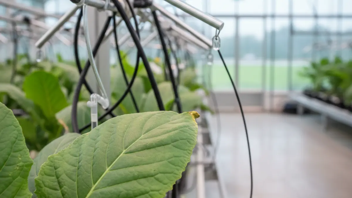 Generic image of a plant leaf with signs of stress in a greenhouse, with blurred sensors and irrigation pipes in the background.