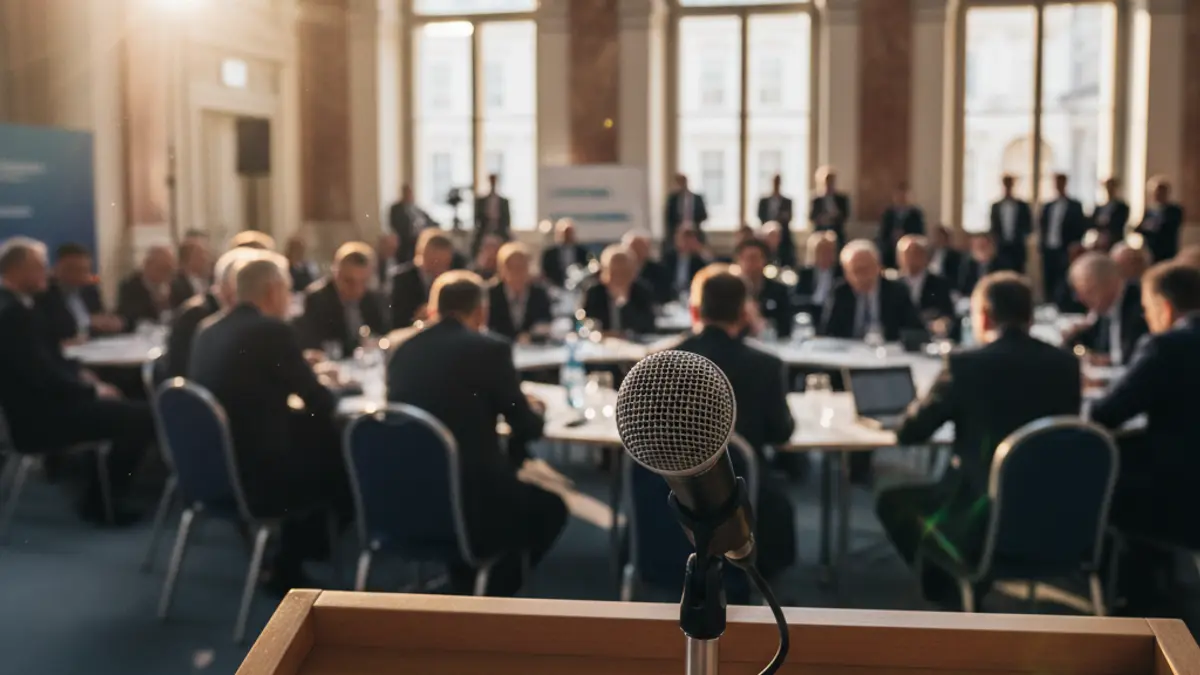 Generic image of a microphone on a podium during a business forum.