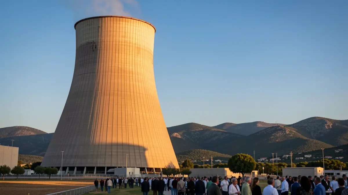 Generic image of a nuclear power plant with Mediterranean landscape.