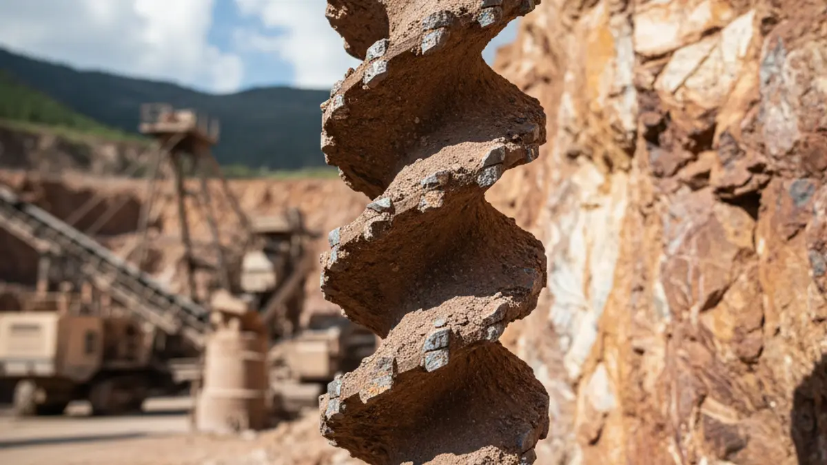 Imagen genérica de una broca de minería sobre roca mineral, con maquinaria industrial borrosa al fondo.