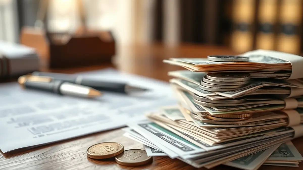 Generic image of money and legal documents, symbolizing over-indebtedness and legal solutions.