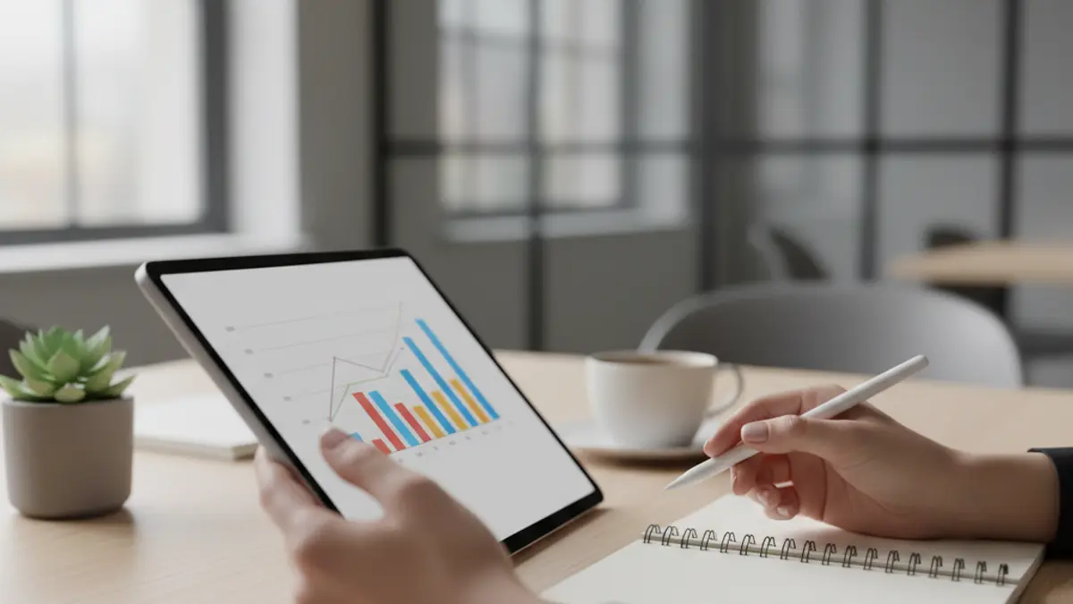 Generic image of a woman working in an office, with a tablet and a notebook.