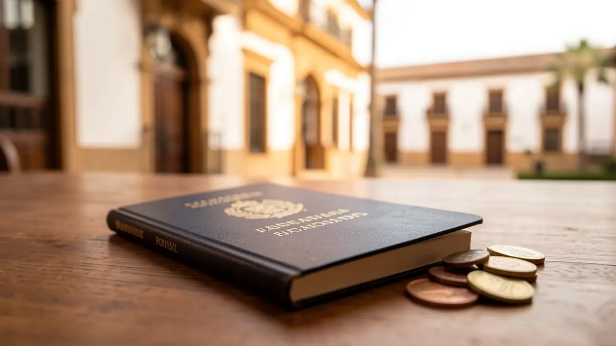 Imagen genérica de un libro de pensiones español y monedas sobre un escritorio.