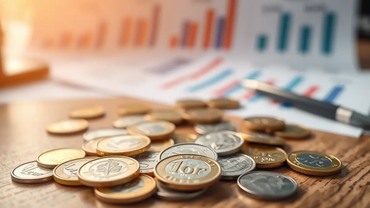 Euro coins on a desk, with blurred financial charts in the background, symbolizing per capita income.