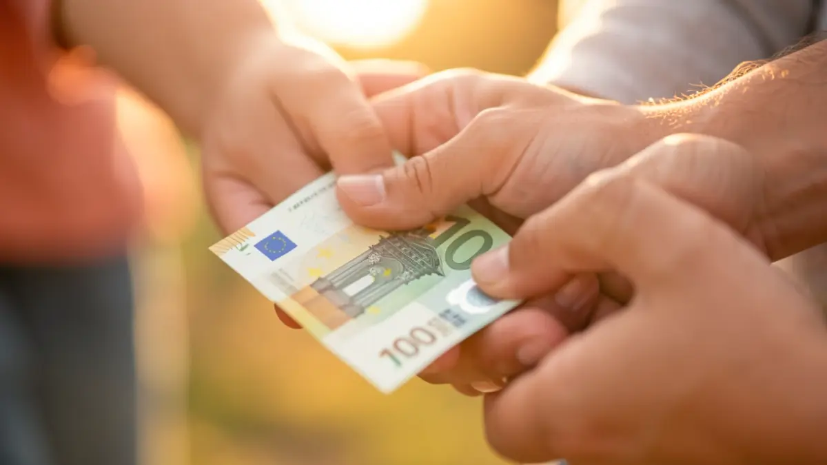 Imagen genérica de un billete de 100 euros junto a manos de una familia sosteniendo la mano de un niño.