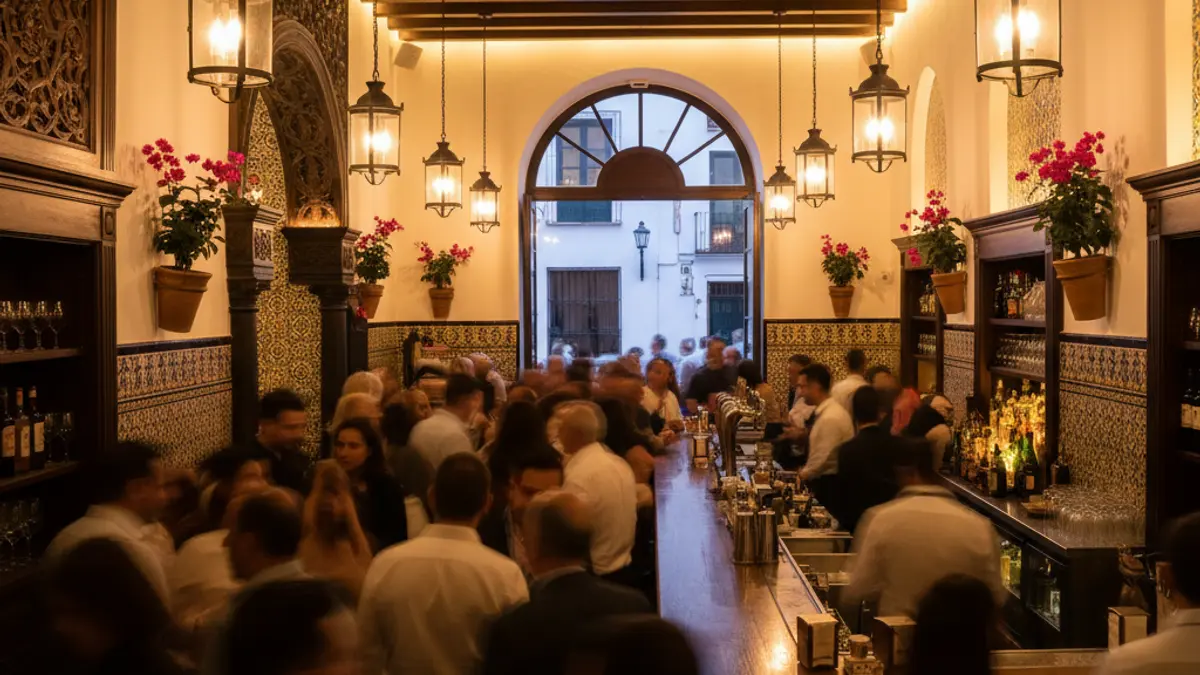 Imagen de un bar concurrido en Sevilla, con ambiente animado y decoración tradicional.