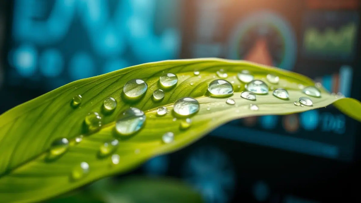 Generic image of water droplets on a green leaf, symbolizing innovation in water management.