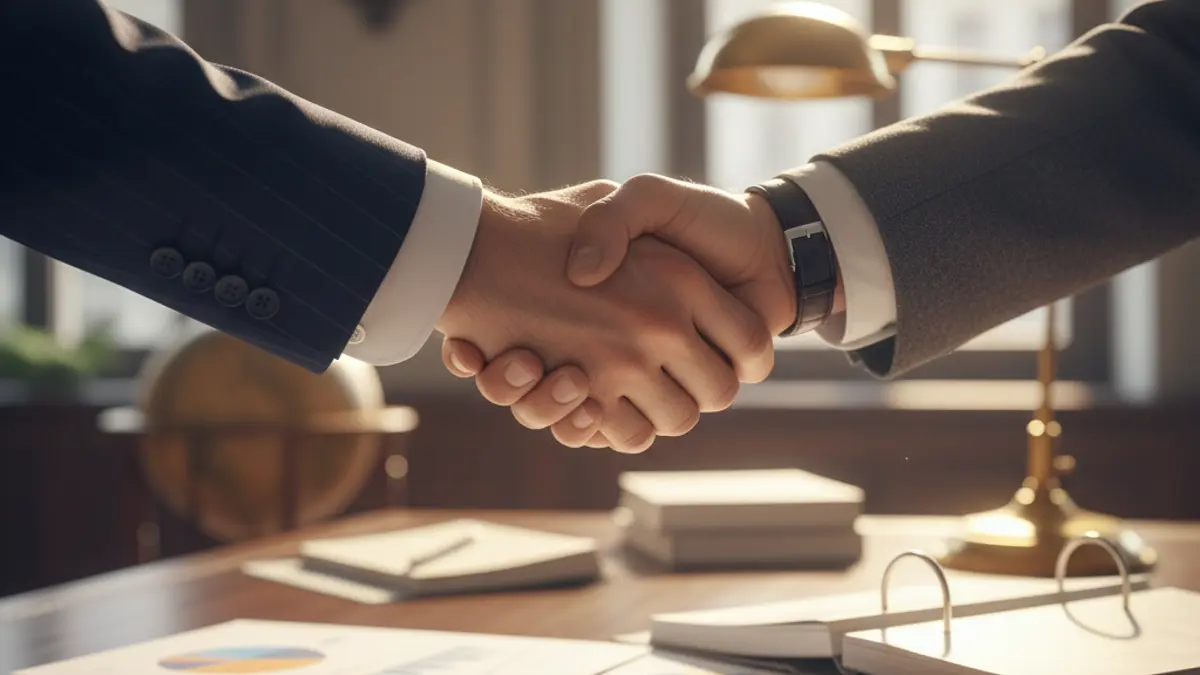 Generic image of two people shaking hands in an office setting, symbolizing business collaboration.