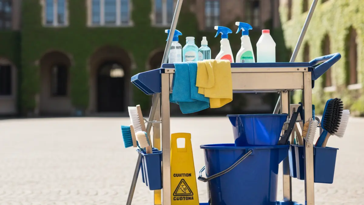 Generic image of a cleaning cart with supplies, with a blurred university building in the background.