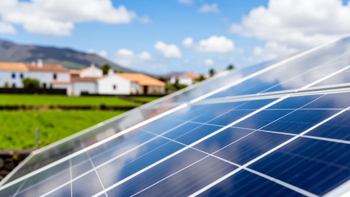 Solar panel with blue sky and Canarian architecture in the background.