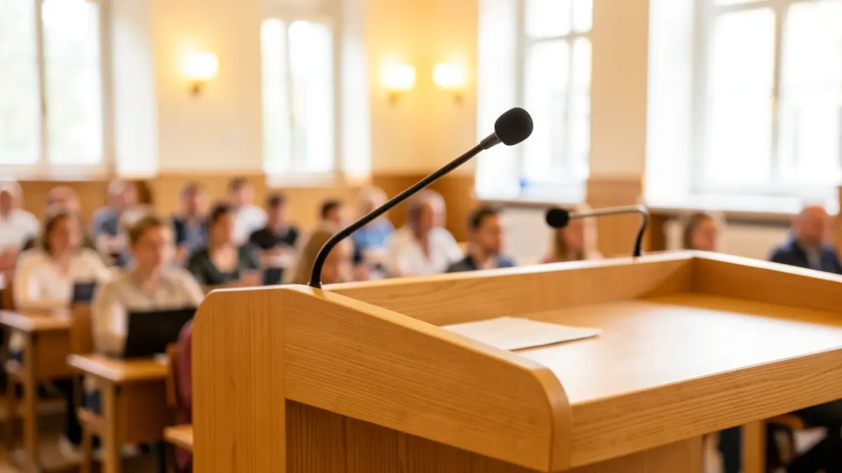 Generic image of a podium with a microphone in an academic setting.