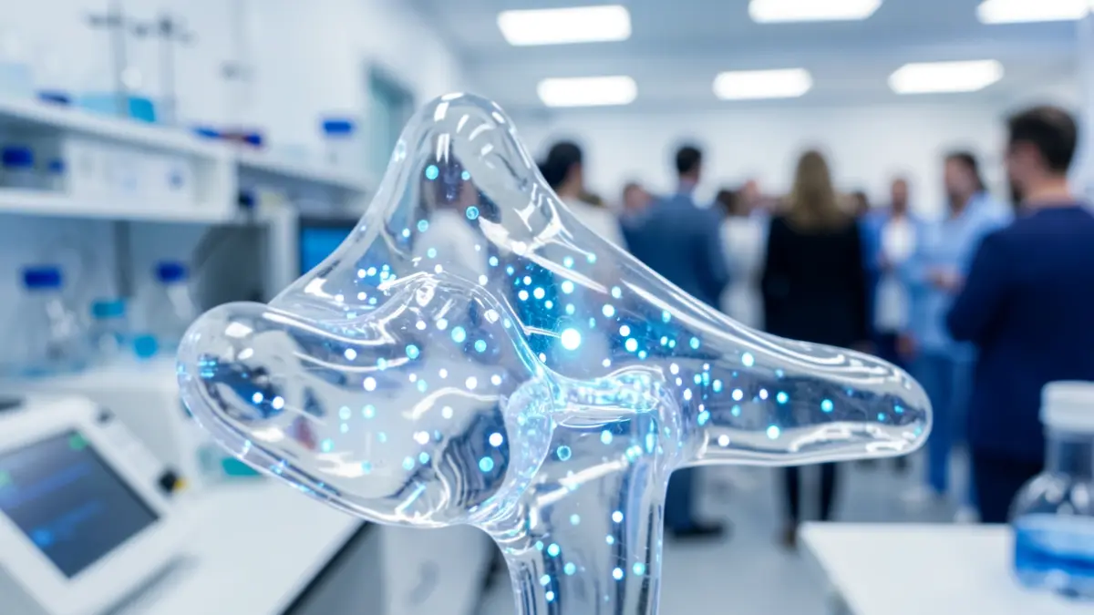 Generic image of an intelligent hydrogel with luminous particles for bone regeneration.