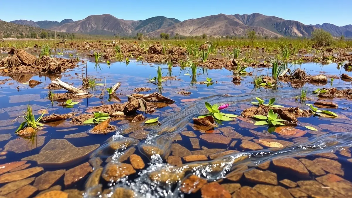 Imagen de un laboratorio de depuración natural de aguas residuales en la montaña.