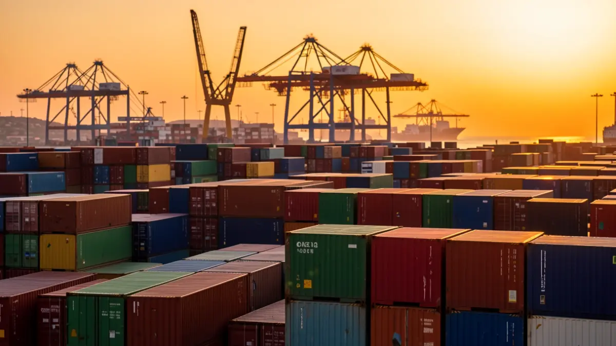 Imagen genérica de una terminal de contenedores en un puerto comercial al atardecer.