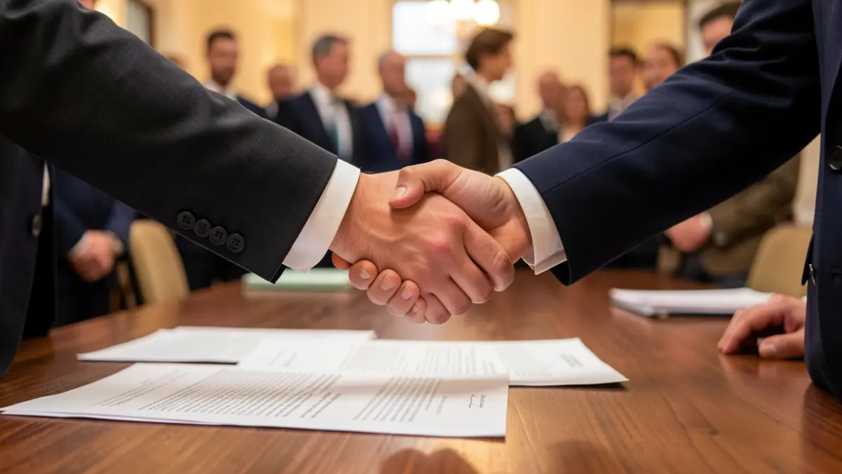Generic image of two hands shaking over a desk with documents, symbolizing an agreement.