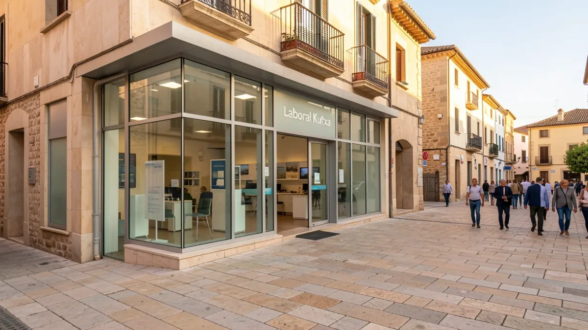 Generic image of a modern bank branch in a Mediterranean urban setting.