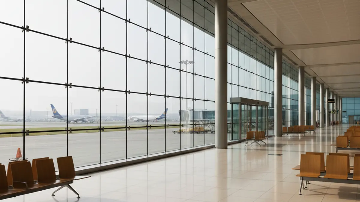 Generic image of an empty airport terminal with runway views.